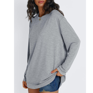 <b>Women's</b> <b>White</b> Oversized Crew Neck <b>Long</b> <b>Sleeve</b> <b>T</b>-<b>Shirt</b> Loose Fit 100% Cotton Jersey Knitted Solid Color Spring Wear Anti-Shrink - Product Image 6