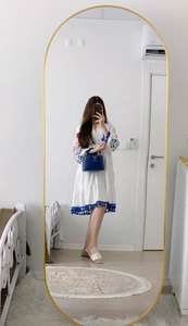 Embroidered White Cotton Tunic Dress with Blue <b>Tassel</b> Hem Hand-Embroidered Floral <b>Balloon</b> Sleeve Boho Chic Summer Dress - Product Image 2