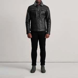 Men's Genuine Leather Moto Jacket Turn-down Collar Button Closure Faux <b>Fur</b> Lining Windproof Slim Fit Winter Wear Solid Color - Product Image 1