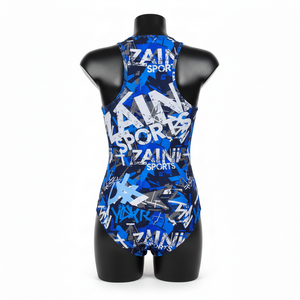 Maillot de bain en nylon et élasthanne de qualité supérieure, tissu extensible, bleu noir, imprimé intégral, fermeture éclair sur le devant, logo personnalisé, pour femme. - Product Image 6