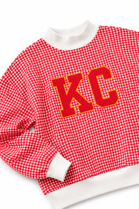 เสื้อสเวตเตอร์คอกลมลายตารางสีแดงปักตัวอักษร KC ผู้หญิงลำลองแขนยาวสวมใส่ในฤดูใบไม้ร่วง - Product Image 6