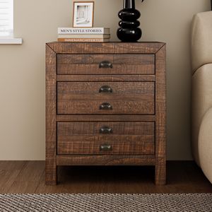Mesita de Noche Rústica de Madera de Pino Maciza con Tres Cajones, Estación de Carga Integrada y Tiradores de Copa - Product Image 1