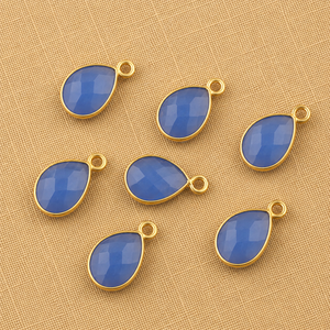 <b>Blue</b> Chalcedony Faceted Pear Drop Gemstone Charm Gold Bezel Pendant Single Bail Connector for Necklace <b>Bracelet</b> Jewelry Making - Product Image 4