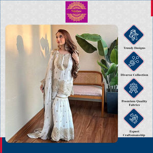 Atractivo Conjunto de Ropa Tradicional India de Alta Calidad en Color Blanco Dorado, Top de Chinon Pesado, Sharara, Palazzo y Dupatta para Mujer - Product Image 6