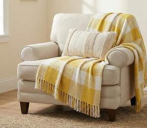 Plaid décoratif à franges en coton tissé 100% – Plaid à pompons style bohème et farmhouse pour canapé - Product Image 4