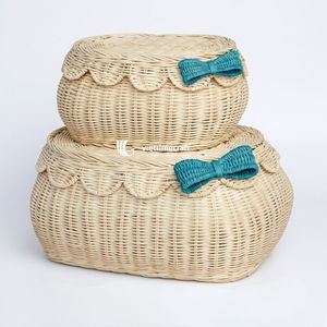 Viettimecraft Natural Rattan Oval Storage <b>Baskets</b> With Lid Stackable Eco-Friendly Rustic Design Multi-Purpose Home Decor - Product Image 3
