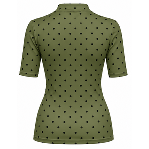 Olive Green Polka Dot Women <b>Mock</b> <b>Neck</b> Short Sleeve T Shirt Slim Fit Stretch Casual Printed <b>Top</b> Fashion Summer Wear Wholesale - Product Image 2