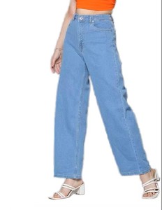 Jean en denim taille haute coupe droite pour femme, coupe ample, longueur intégrale, délavé, respirant, décontracté - Product Image 1