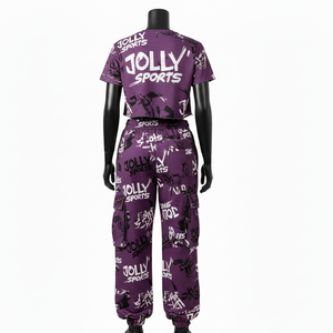 Conjunto de Top Corto y Pantalones Cargo para Mujer, Premium, de Algodón y Poliéster, 180 GSM, Color Morado, con Logotipo Personalizado Impreso - Product Image 2