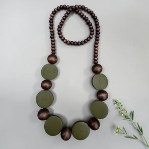 Wooden <b>Beaded</b> <b>Necklace</b> With Olive <b>Green</b> Discs And Brown Balls For Prayer Buddhism Style Unisex Jewelry - Product Image 1