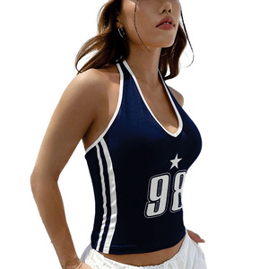 Y2K street Women Mesh Halterr-Crop <b>Top</b> Custom Number Print Sleeveless Streetwear Camisole Private Label OEM Bulk Women's shirts - Product Image 4