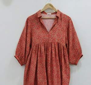 Vestido Túnica Midi Hecho a Mano en India 100% Algodón para Mujer |   Ropa de Oficina Formal Sencilla, Ecológica, Transpirable, Corte en A, Floral, Dibujada a Mano - Product Image 2