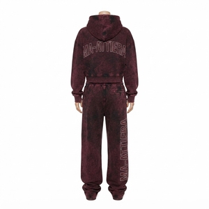 Custom Women Acid Wash <b>Burgundy</b> Cropped Hoodie Wide Leg Jogger Set Cotton Fleece Streetwear Tracksuit OEM Wholesale - Product Image 3