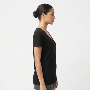 T-shirt en coton tricoté respirant à manches courtes et col en V pour femme Hawk Eye, couleur unie, décontracté, personnalisable, pour le printemps et l'été - Product Image 3