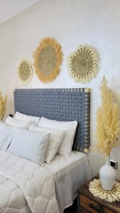 Tête de lit minimaliste en bois tressé avec revêtement en cuir, lit mural King Size, fait main, finition naturelle écologique, moderne - Product Image 6