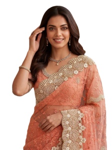 เสื้อส่าหรีแบบดั้งเดิมของอินเดีย ดีไซน์ใหม่สุดพิเศษ สำหรับงานปาร์ตี้ ตกแต่งด้วยงานปักมุกและเพชร - Product Image 4