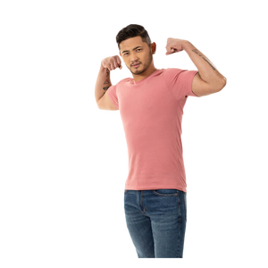 เสื้อยืดคอกลมแขนสั้นสีชมพูสำหรับผู้ชาย ผ้าฝ้าย 100% ทรงปกติ สวมใส่สบาย สีพื้น ผ้าเจอร์ซีย์ถัก - Product Image 1