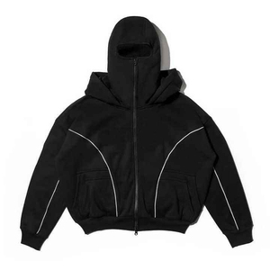 Black Hooded Tracksuit Heavyweight <b>Zip</b> <b>Up</b> <b>Jacket</b> and Drawstring Pants Oversized Fit Streetwear Set Custom Logo - Product Image 3