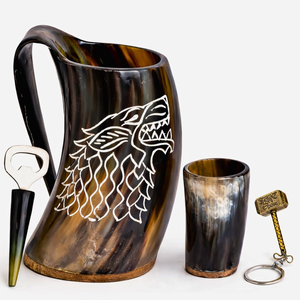 FAIZA CRAFT Mug court en corne naturelle avec ouvre-bouteille, sac en jute fantaisie, fait main, thème Viking, objet de collection artistique, idée cadeau unique - Product Image 5