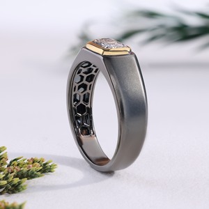 Two Tone Gold Bezel Radiant Cut Diamond Black Rhodium Signet <b>Ring</b> Brushed Texture <b>Men</b> Wedding Band Minimalist Fine Jewelry Gift - Product Image 2