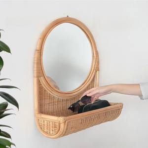 Espejo de pared bohemio de ratán con estante para pasillo, baño y decoración de oficina en casa, espejos de ratán vintage de Vietnam - Product Image 5