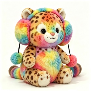 Peluche de leopardo manchado personalizado y adorable, con pelaje arcoíris, suave peluche de leopardo con efecto tie-dye arcoíris y orejeras de pompón. - Product Image 1