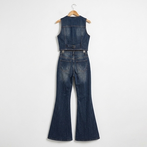 Womens Dark <b>Blue</b> Denim Two Piece Set Sleeveless Button <b>Vest</b> Flared Jeans Custom OEM ODM Wholesale Clothing Manufacturer Supplier - Product Image 5
