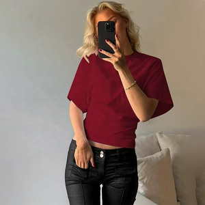 Camiseta de Verano para Mujer, Cuello Redondo, Manga Corta, Color Sólido, Estilo Holgado - Product Image 2