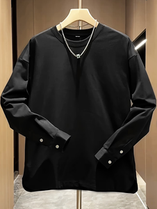 Camiseta Casual de Manga Larga para Hombre, Nueva Colección de Bangladesh, Primavera/Otoño, Color Sólido, Botones en el Puño, Cuello Alto Versátil, 100% Algodón - Product Image 2