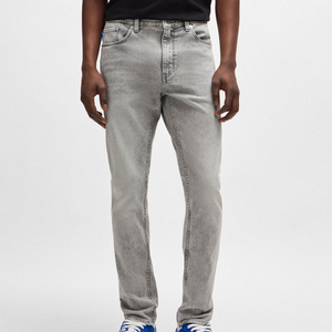 Trendy <b>Men's</b> Denim Pants Worsted Fabric Breathable Straight Solid Color High Waist <b>Drawstring</b> Closure Fleece Lining Winter - Product Image 1