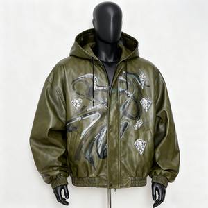 Veste bomber pour homme, design tendance OEM, nouvelle arrivée automne, veste en cuir, broderie lourde, veste en cuir avec strass - Product Image 2