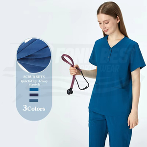 Women Blue V-Neck <b>Scrub</b> <b>Top</b> Cotton Polyester Woven Hospital Uniform Blouse With Pocket Custom Design - Product Image 3