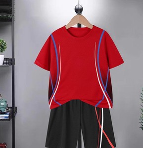 Ensembles de vêtements unisexes pour enfants d'automne, coupe-vent, sportifs, avec t-shirt à col montant à manches courtes et short imprimé pour tenues de sport - Product Image 5