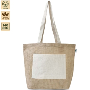 Bolsa de Compras de Yute Natural con Bolsillo Frontal de Algodón, Logotipo Personalizado, Reutilizable, Promocional, Venta al por Mayor, OEM, Marca Privada - Product Image 1