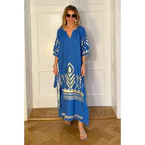 Robe longue ample de plage bohème en coton 100% avec imprimé feuille d'or bleu, col en V, manches bouffantes et pompons, écologique, vente en gros OEM pour femmes - Product Image 1