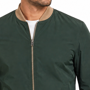 Hot selling Men's Olive Dark Green Beige Contrast Ribbed Trim Bomber <b>Jacket</b> Snap Pocket Casual Lightweight <b>Zip</b> <b>Up</b> <b>jacket</b> - Product Image 3
