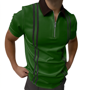 Polo à manches courtes blanc pour homme avec fermeture éclair et design rayé, tricoté, coupe classique, style sportif - Product Image 4
