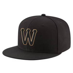 Classic Black 6 Panel Snapback Cap Gold Outline Embroidery W Logo Flat Brim Sports Street Style Caps - Product Image 1