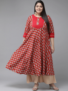 Kurti Anarkali en coton marron pour femmes grandes tailles, avec imprimé floral, col rond et manches trois quarts - Product Image 1