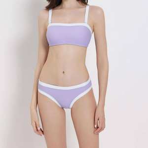 Conjunto de bikini sin tirantes para mujer con ribete en contraste, top bandeau con logo frontal, cintura baja, dos piezas, traje de baño ecológico para playa de verano - Product Image 4