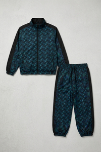 Men Geometric Print Knitted Tracksuit Set <b>Stand</b> Collar Full Zip Jacket Pants Breathable Satin Fabric Street Style Autumn Wear - Product Image 3