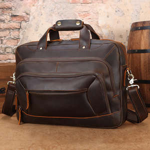 Vintage Style Genuine Leather Briefcase Multi Zip Business Laptop Bag for Men Handmade Travel Office Messenger with Shoulder - Product Image 1