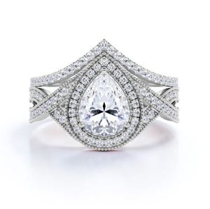 Vintage Milgrain 1.75 Carat Pear Shape Moissanite Engagement <b>Ring</b> <b>Set</b> in Platinum Plated <b>Sterling</b> <b>Silver</b> Luxury - Product Image 3