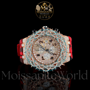 Reloj de Lujo para Hombre, Diseño Antiguo con Corona de Espinas, Cuarzo, Moissanita, Bisel de Diamantes en Oro Rosa, Correa de Goma Roja, 46mm, Estilo Hip Hop - Product Image 5
