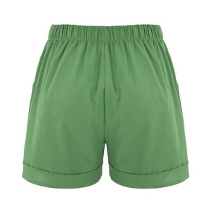Shorts décontractés pour femmes à taille haute élastique en polyester/coton, poches plaquées, coupe régulière, tissu tricoté léger, ourlet roulé - Product Image 2