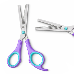 Purple and Teal Contrast Color Plastic Handle Thinning Scissors Professional Hairdressing Tools for Salon and Home Use - Product Image 1