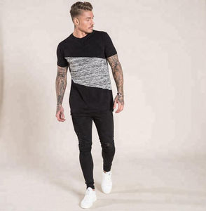 T-shirt à col rond pour homme, manches courtes, noir et gris chiné, rayures diagonales, coton décontracté, logo personnalisé OEM ODM - Product Image 2