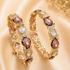 JeweleMarket Gold Plated Crystal Rhinestone Freshwater Pearl <b>Bangles</b> <b>Set</b> Women | Traditional Indian Ethnic Jewelry Maharashtra | - Product Image 1