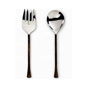 Embossed Design Golden Brass Handle Stainless Steel Salad <b>Server</b> for Home and Hotels Tabletop Silver Salad <b>Server</b> Sets - Product Image 6