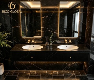 Mueble de Baño Moderno de Granito Negro con Doble Lavabo Colgante de Pared, Lavabos Redondos y Grifos con Perillas - Product Image 1